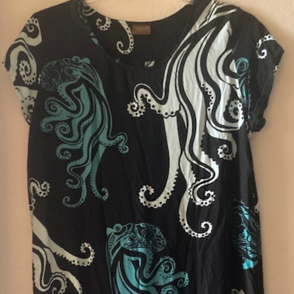 WAHINE TOA HAWAIIAN OCTOPUS-TAKO DRESS ALOHA MADE RESORT WEAR BLK/WHT/BL LOVELY - Picture 12 of 15